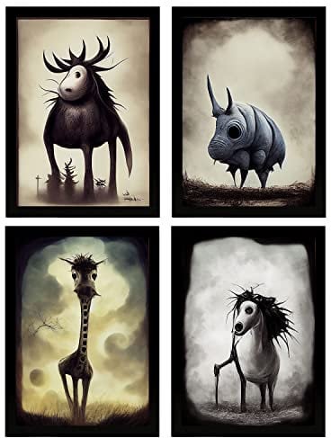 Nacnic Set of 4 Vierbeiner Poster im T. Burton Stil. Tier Illustrationen und Poster, inspiriert von Burtons Dark und Goth Kunst. Innenarchitektur und Dekoration. A3.