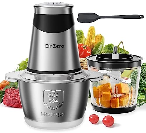 DR.ZERO Food Processors with 2 Bowls, Mini Chopper Electric Food Chopper 4 Bi-Level Blades, 2 Speed, 1.2l and 0.6l, Meat Mincer 500W for Baby Food, Meat, Onion, Vegetables, Nut