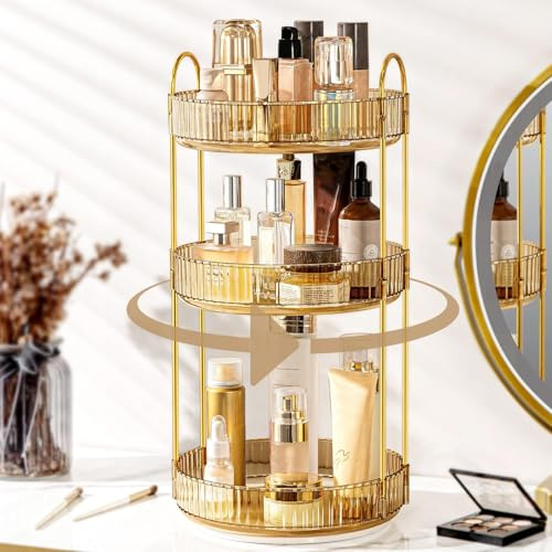 Weidace Um 360 Grad drehbarer Make-up-Organizer für Schminktisch, großes Fassungsvermögen, Parfüm-Organizer, drehbare Kosmetik-Kommode, Badezimmer-Aufbewahrung, Regal (3 Ebenen, goldfarben)
