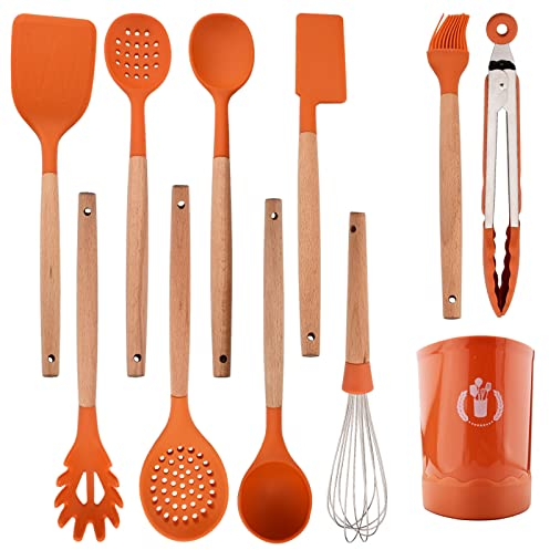 JASHII Orange Silicone Kitchen Utensils Set Orange Rubber Spatulas with Wooden Handle, Silicone Cooking Utensils with Holder, Heat Resistant for Nonstick Cookware