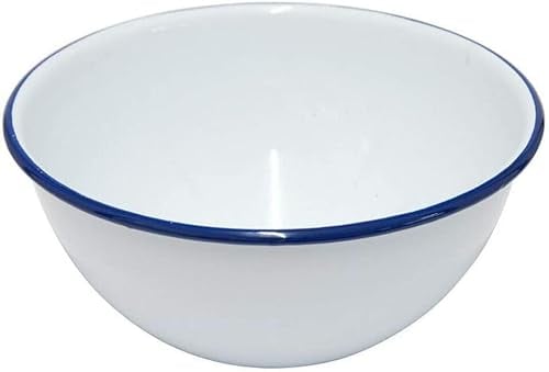 Premium Quality Traditional Enamel White and Blue Trim Rice Plate and Deep Dish Bowl (Pudding 16cm)