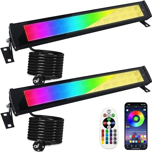 Projecteur LED RGB 50W, Indmird 2 Pièces Projecteur LED Couleur Extérieur Avec Télécommande et APP Bluetooth, Étanchéité IP66 Spot LED Couleur Pour Fête Bar Jardin Halloween