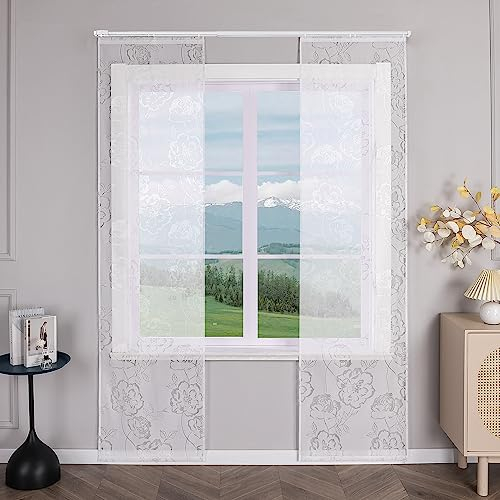 Delien Schiebevorhänge 2er Set mit Klettband Ausbrenner Gardinen »Rose« Transparente Flächenvorhänge mit Blumen Muster Schiebe Vorhang Modern Wohnzimmer Fenster Schals BxH 57x245cm,Weiß