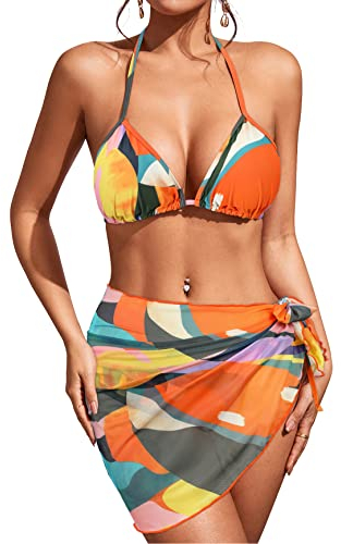 PONCEAU Damen 3-teilig Badeanzug Sexy Bikini Set Rope Tanga Triangel Bikini Bikinioberteil Strandmode Neckholder Badeanzug mit Sarong
