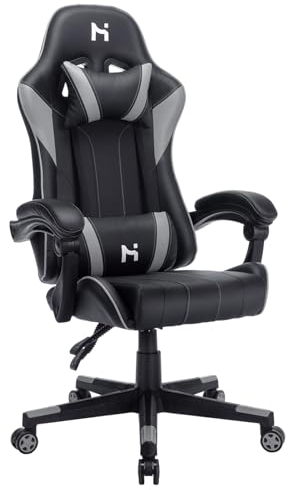 HLONONE Gaming Stuhl, Ergonomischer Gaming Sessel mit Taschenfederkissen, Racing Gamer Stuhl mit Fußstütze, Lendenwirbelstütze, Verstellbarer Bürostuhl 150 kg Belastbarkeit, PC Stuhl Schwarz-Grau