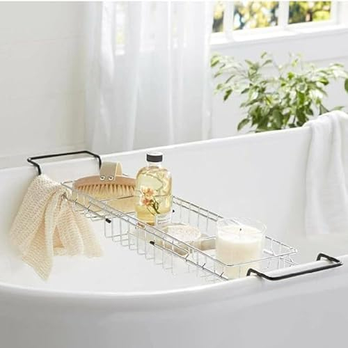 Bath Tub Bridge Tray Caddy Extendable With Non Slip Rubber Handles Chrome Finish Storage Rack Rust Resistant & Scratch Proof Black End Coating