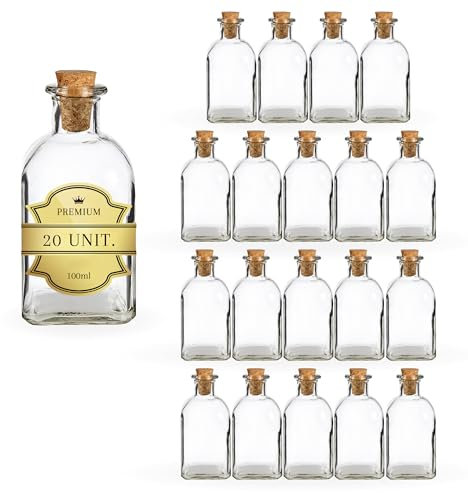 Espirito Rebelde - 20 botellas cuadradas de cristal de 100 ml con tapón de corcho - Mini botella para licor, whiskey, ron, vino - Frasco de poción mágica, ideales para muestras y recuerdos