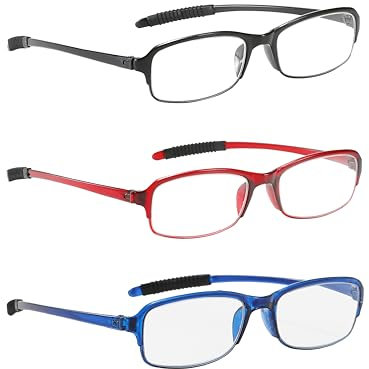 NRDIK PROFLEX Gafas de lectura flexibles (paquete de 3), antichoques, antiarañazos, antideslizantes, unisex (mujeres y hombres) (Oval; BLK, RED, BLU; +1.0)