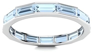 Sterling Silber 925 Aquamarin Baguette 4x2mm Full Eternity Band Ring Mit weißer Rhodinierung (52)