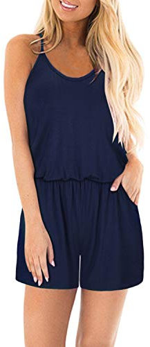STYLEWORD Jumpsuit Damen Sommer Kurz Ärmellos Blumen Overall Spaghettiträger Strampler mit Tasche(Marine,Mittel)