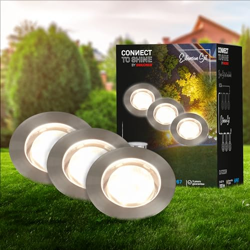 BRILONER - Connect to Shine 12V Gartensystem 3er Set LED Bodeneinbaustrahler, Erweiterungsset, IP67, warmweißes Licht, Gartenbeleuchtung, Bodeneinbauleuchten, 45x 25mm, Silberfarbig