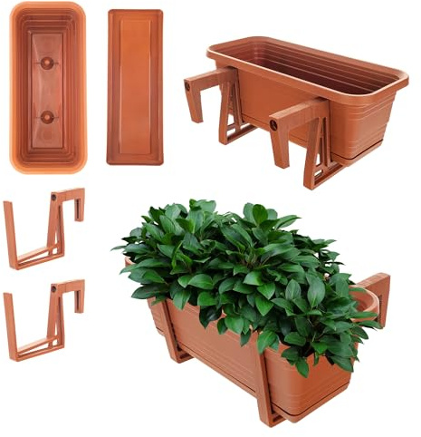 KADAX Blumenkasten mit Untersetzer im Set, mit oder ohne Blumenkastenhalterungen, Balkontopf aus Kunststoff, Pflanz-Kasten, Geländerkasten, Blumentopf (Ziegelrot, 40cm + Halterungen)