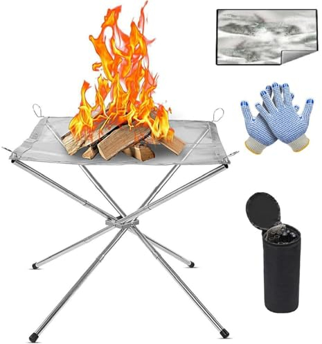 flintronic Brasero de Camping Plegable, Portátil y Plegable Chimenea con Alfombrilla para el Fuego y Bolsa de Transporte, 42 x 42 x 34cm, para Barbacoa Exterior, Hoguera, Terraza, Césped