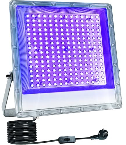 LED Schwarzlicht Strahler 200W, Indmird Schwarzlichtlampe IP66 Wasserdicht UV Strahler Außen mit Stecker Schalter, 395-400nm UV Partylicht Blacklight für Halloween Party Deko Aquarium Bar Neonfarben