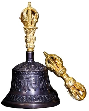 HIFRQVVC Glocke im tibetischen Stil mit Vajra-Griff, Klingel aus Bronze, Handrassel, tibetische Glocke, Bronzeglocke, taoistische Ornamente, Sanqingling-Kunsthandwerk