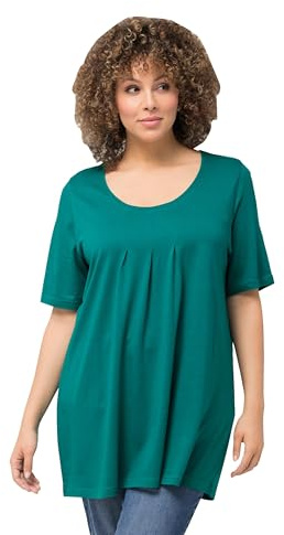Ulla Popken Damen große Größen Übergrößen Plus Size T-Shirt, Zierfalten, A-Linie, Rundhals, Halbarm, Modal smaragd 46+ 796473466-46+