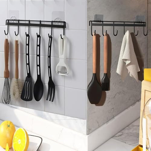 Minicoco 6-Hook Wall-Mounted Space-Saving Organizer, No-Drill Adhesive Kitchen Utensil Hooks for Bathroom & Bedroom Storage, 2-Pack Heavy Duty Black Hanging Rack, Damage-Free Installation
