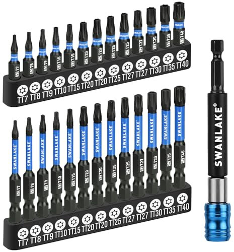 SWANLAKE Impact Torx Bit Set, 27-Piece 1''&2'' Security Tamper Proof Magnetic Screwdriver Bits, T7-T40 CNC Machined Tips, S2 Steel Long Torque Star Bits with 4'' Impact Bit Holder and Storage Box