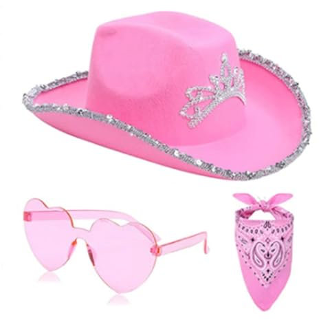 Generisch Cowboy Hut Set für Damen Dreiteiliges Cowboyhut Halstuch Brille Western Cowboy Hut Filz Cowgirl Hut mit Feder Bandana Partybrille Kostüm Zubehör für Karneval Mottoparty Mardi Gras