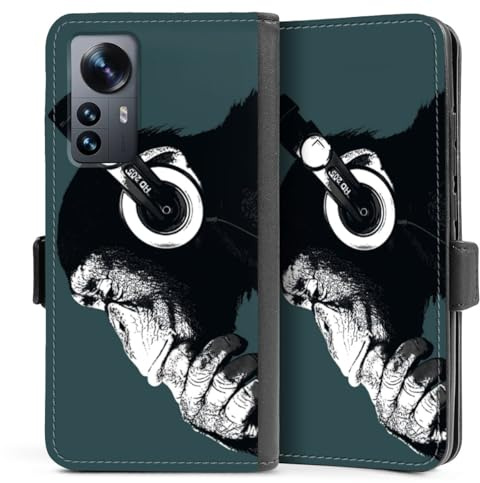 Custodia a portafoglio compatibile con Xiaomi 12 Custodia per cellulare di similpelle nera Cover a libro Scimmia Cuffie Musica