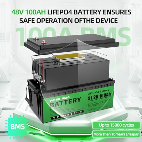 DATOUBOSS Batterie 48V 100Ah LiFePO4, Batterie Lithium 5120Wh avec BMS 100A, 5000-15000 Cycles Profonds, prise en charge en connexion série/parallèle, pour camping-car, panneau solaire, marine, ménage