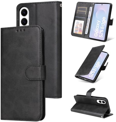E-Lush Handyhülle für Samsung Galaxy S25 Edge 5G Hülle Leder PU, Klapphülle Samsung S25 Edge Schutzhülle Flip Wallet Kartenfach 360 Stoßfeste Case mit Standfunktion, Schwarz