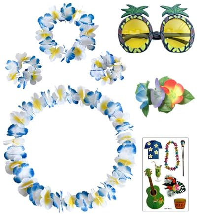 TPZORJX hawaii kostüm damen，7PCS Blumenkette Deko Leis Blumenketten hawaii Ketten Blumen Mit Halskette Stirnband Armband Haarclips Tattoo-Aufkleber Ananasgläser, Luau Blumengirlande FüR Hawaii