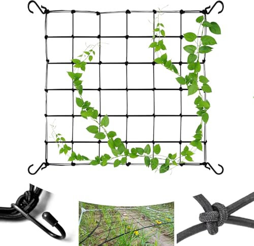 Elastic Trellis Netting with 4 Hooks, Heavy-Duty Plant Support Netting, Garden Grow Tent Net for Climbing Plants, Melons, Vegetables, Fruits and Flowers (40X40cm)