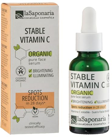 La Saponaria Siero viso biologico antimacchie con vitamina C stabile, 30 ml, siero vitamina C antiossidante naturale, effetto illuminante, schiarente, uniforma il tono e rivitalizza la pelle spenta