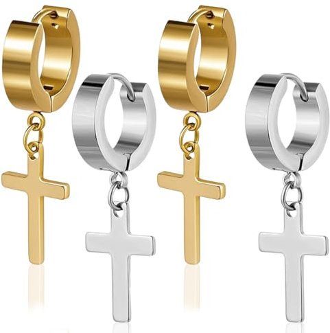 AFCJLTO 2 Paare Schmuck Creolen Kreuz, Edelstahl Kreuz Baumelnde Ohrringe,Edelstahl Klassisches Kruzifix Ohrringe Ohrstecker Ohrhänger Ohr-Piercing für Herren Damen (Gold, Silber)