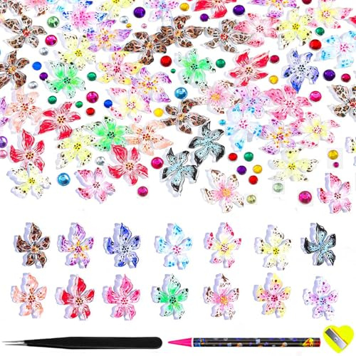 Flower Nail Art Charms Kit 3D Hawaii Flowers for Nails Mixed Soft Hibiscus Nail Flower Charms with Nails Rhinestones Wax Pencil Tweezers for Manicure Design DIY Crafts Decorations Supplies