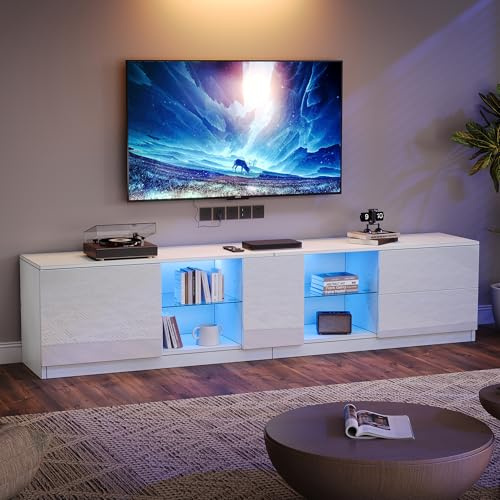 Merax Meuble tv bas brillant avec éclairage LED - Meuble moderne pour TV de 65 - Support avec portes, 2 tiroirs, étagères en verre, banc pour salon - Blanc