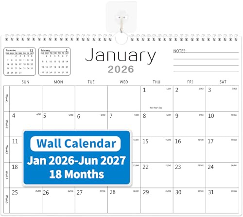 MZD8391 Calendar 2026-2027, Wall Calendar 2026-2027 From January 2026 To June 2027 18 Months, 14.7 x 11 Paper Calendars with Julian Date and Blank Block for New Year