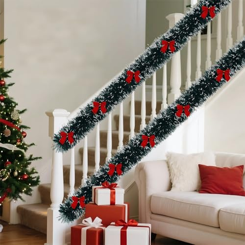 UISEBRT 12M Künstliche Weihnachtsgirlande mit roten Schleifen, Dunkelgrün | 36 rote Schleifen, Tannengirlande Dekoration, ideal für Weihnachtsbaum, Garten, Hochzeit, Kamin und Treppe