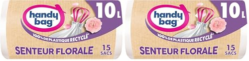 Handy Bag - Sacs poubelle salle de bains à poignées coulissantes senteur florale 10L x 15 sacs - Adapté aux petites poubelles - Étanchéité maximale - Fond anti-fuite - 100% plastique recyclé