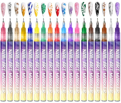 TANGHSE 18 Colours Nail Art Pens Set - Fine Tip Nail Art Marker for Real Nails & Acrylic, Nails Polish Pen Painting Graffiti Drawing Pen for Manicure Arts DIY for Women Girls