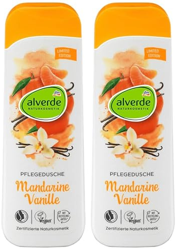 alverde Naturkosmetik 2er-Set Duschgel Mandarine Vanille Pflegedusche mit Vanille-Extrakt & Mandarinensaft aus kontrolliert biologischem Anbau reinigt die Haut pH-hautneutral sanft, 2 x 250 ml (500ml)