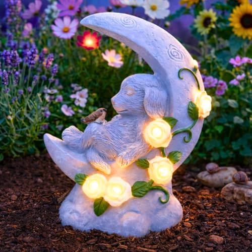 Festive Lights 19cm Gedenkstein mit solarbetriebener LED Beleuchtung Halbmond mit Hund Grabdekoration Wetterfest Grabstein Hund Grablicht Solar Gedenkstein Erinnerung (Hund mit Mond)