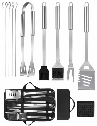 Set Utensili Barbecue 11 Pezzi in Acciaio Inox, Accessori Barbecue Professionali con Impugnatura Resistente, Kit Grigliata Completo per Esterno e Picnic, Accessori Grill di Alta Qualità