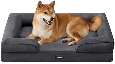 Feandrea Orthopädisches Hundebett, Hundekissen, 89 x 63 x 16 cm | erhöhter Rand, Schwamm, Bezug abnehmbar, waschbar, rutschfest, schiefergrau, BLOMFY Kollektion PGW322GN01