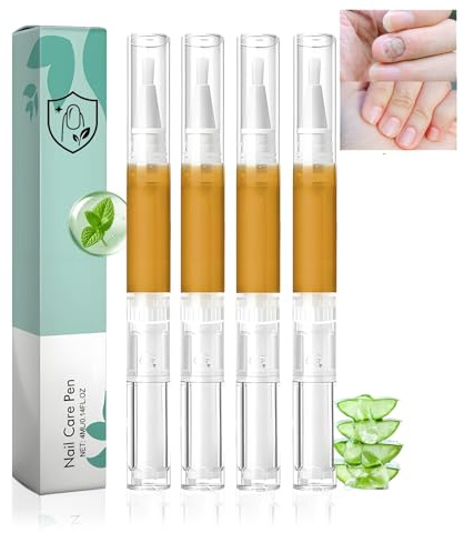 Nail Care Serum Pens, 4-Pack Brush-Tip Applicators with Clear Caps | Amber-coloured liquid, transparent outer body, white components, for fingernail and toenail care at home or while travelling