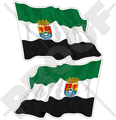 StickersWorld: 2 calcomanías de vinilo para parachoques con bandera de España y Extremadura, 12 cm x 8,1 cm, impermeables, laminadas, fáciles de aplicar y quitar, aptas para interiores y exteriores