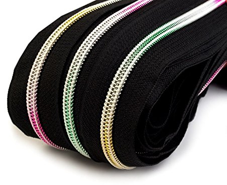 Schnoschi 2 m endlos Reißverschluss mit Regenbogeneffekt 5mm Laufschiene + 5 Zipper, Spiralreißverschluss
