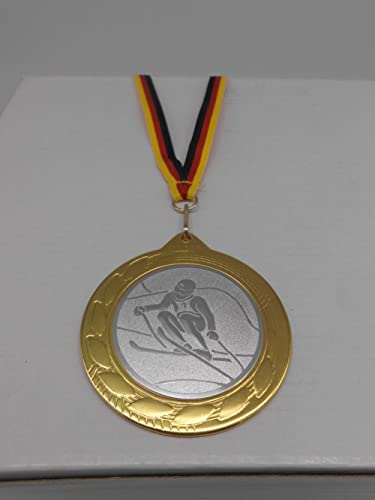 Fanshop Lünen Ski Slalom Skisport 1 Stück Medaillen Große Stahl 70mm, (Gold) - mit Alu Emblem 50mm (Silber) - mit Medaillen-Band (9302)