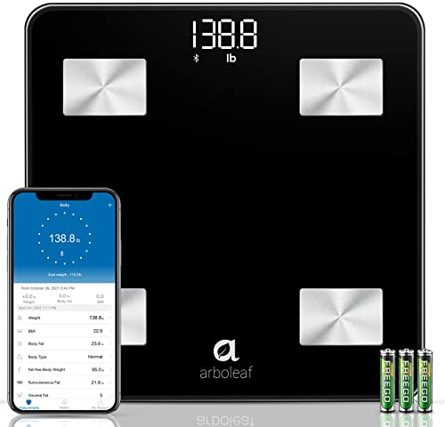 arboleaf Körperfettwaage Personenwaage digital mit APP bis 180KG, Bluetooth Waage für Körperfett, BMI, Gewicht, Pulsschlag, Muskelmasse, Wasser, Protein, Skelettmuskel, BMR, usw.