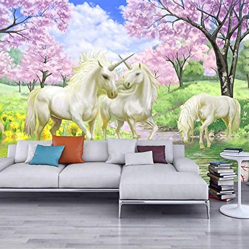 3D Fototapete Wandbild 300 cm x 210 cm Einhorn-Traumkirschblüte Vliestapeten Wandbild Wohnzimmer Wohnkultur Malerei