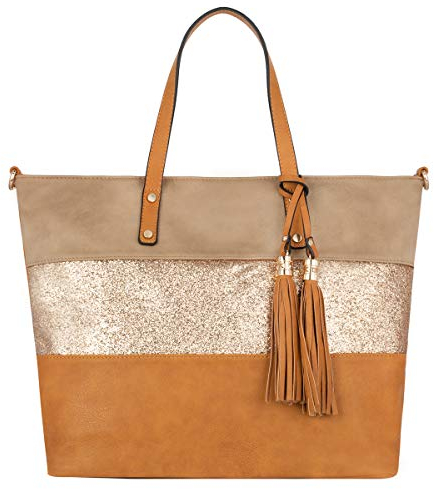 CRAZYCHIC - Sac à Main Paillette Femme - Cabas Fourre-Tout Cuir PU Souple - Sac Porté Epaule Bandoulière Patchwork Multicolore Grande Capacité - Ville Shopping Cours Travail Plage - Marron Camel