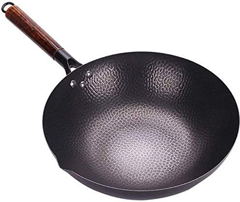 BESTHINKY 12.5inch High Purity Iron Hand Forged Wok Chinese Pot Non-coating Woks For Kitchen Traditional Handmade Pure Iron Woks Non-Stick Flat-Bottom Pan