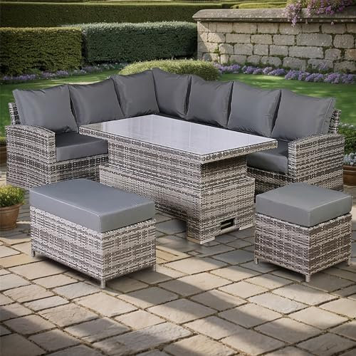 Club Rattan Harmony High Back Left Hand Corner Sofa Set with Rising Table in Grey, 9 seater rattan garden Garden furniture
