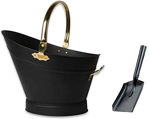 Heavy Duty Metal Fireside Waterloo Bucket Fireplace Hod Scuttle Coal Fuel Ash Wood Log Storage Option with Shovel and Poker (Black & Brass + Shovel)